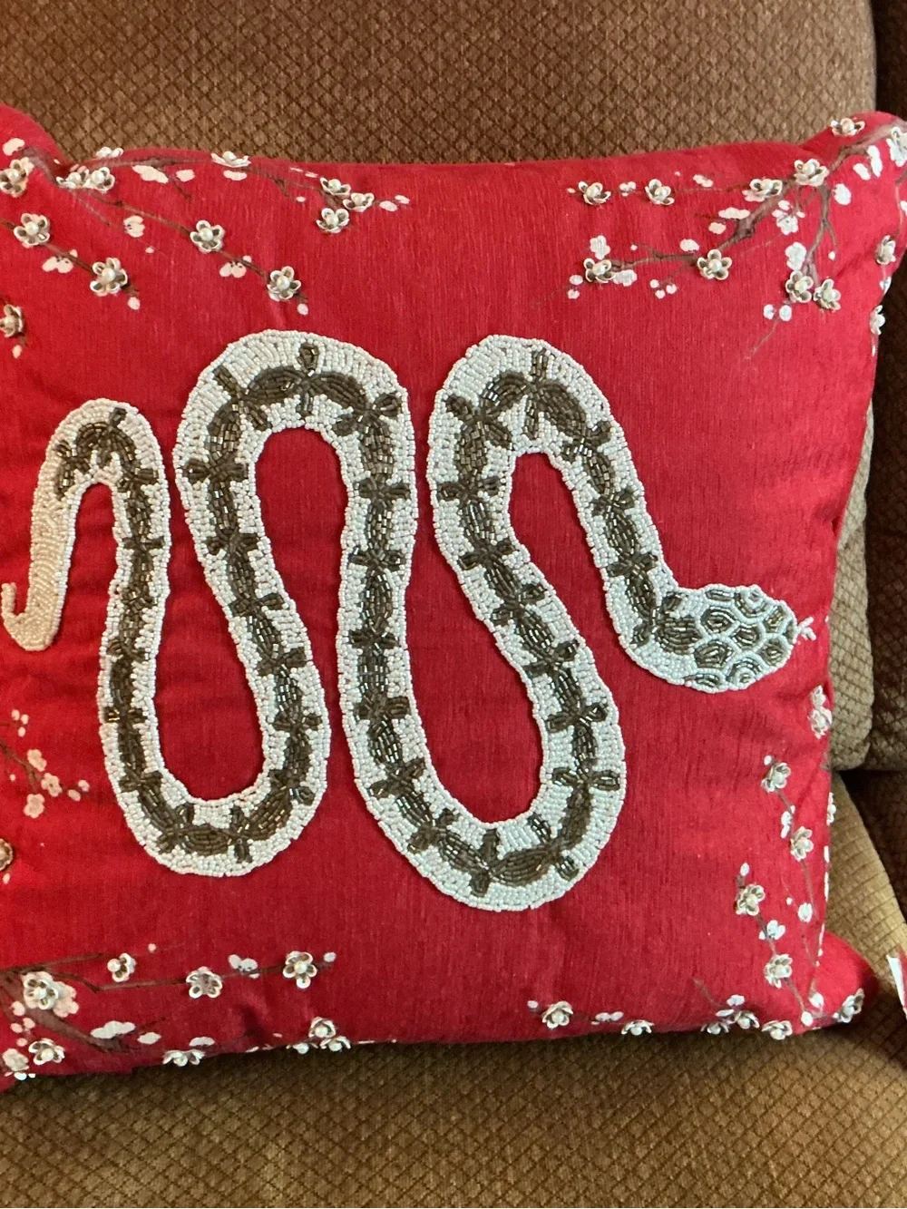 Red Beaded White & Gold Snake Decorative Pillow